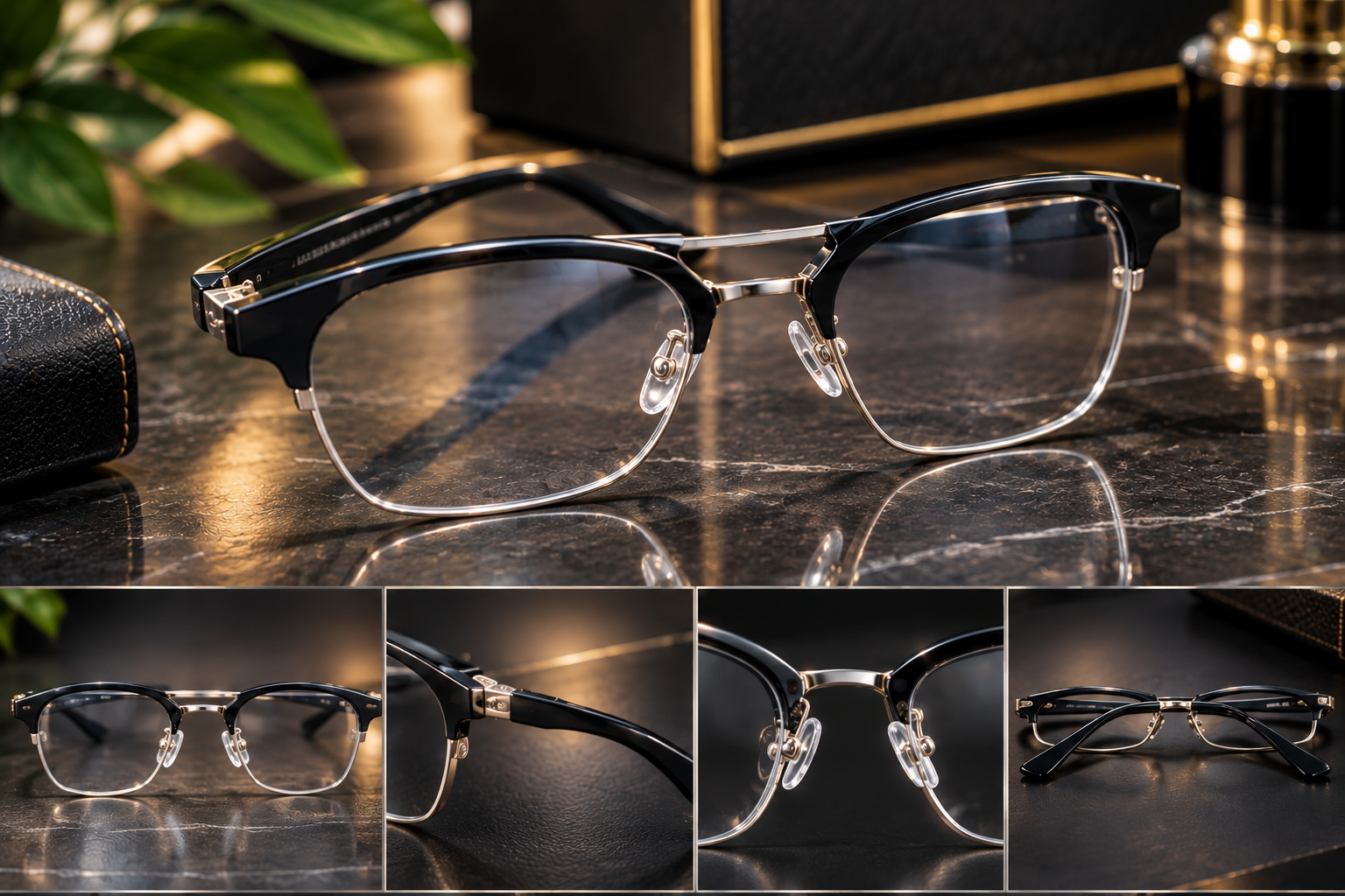 AAA-M Royal Glasses with a black and metallic rectangular frame and clear lenses